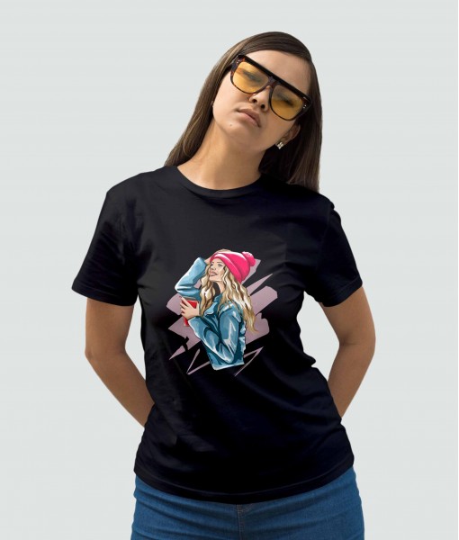 Дамска тениска с щампа Арт Beautiful young woman with coffee cup - TShirtArtShop.com